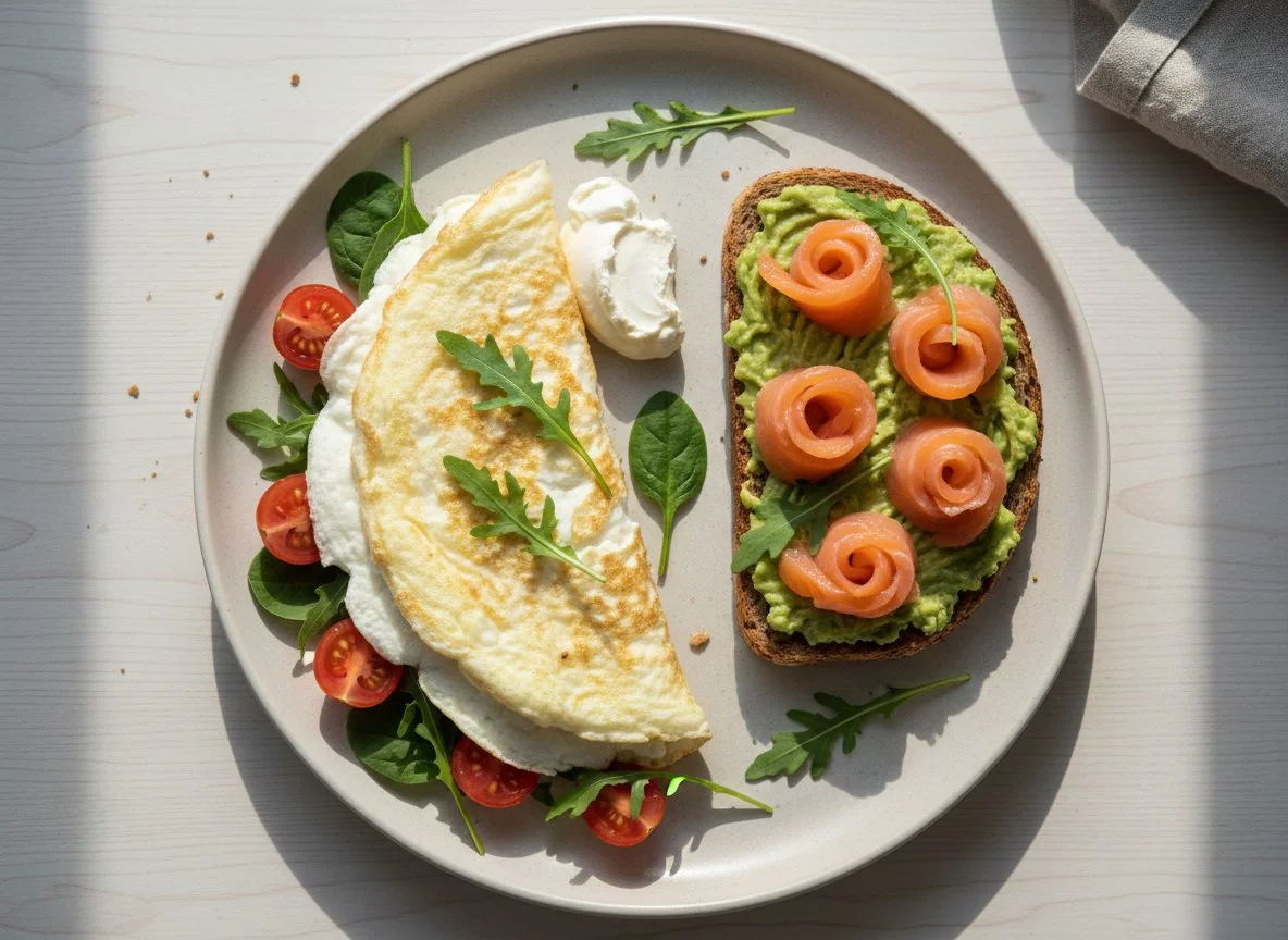 Завтрак с омлетом и тостом с лососем photo