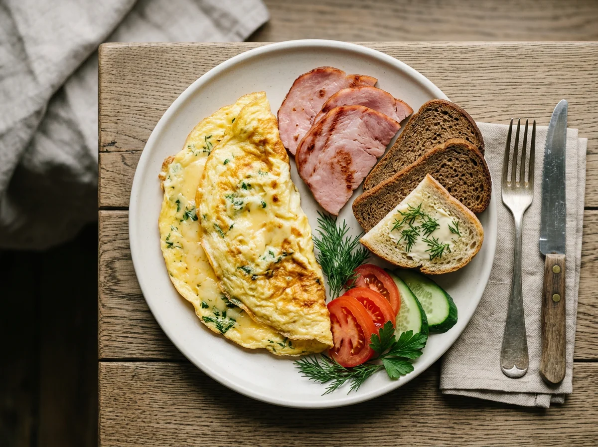 Завтрак с омлетом и ветчиной photo