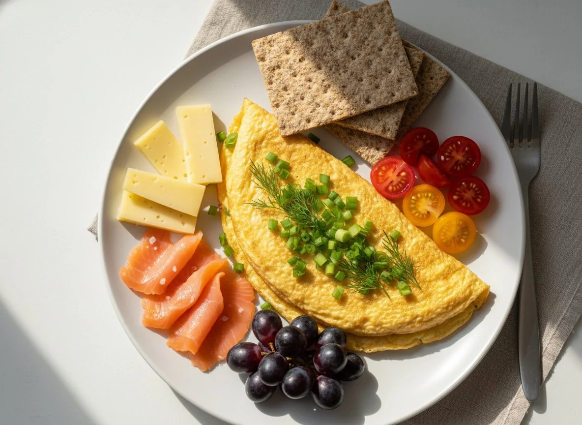 Завтрак с омлетом и закусками photo