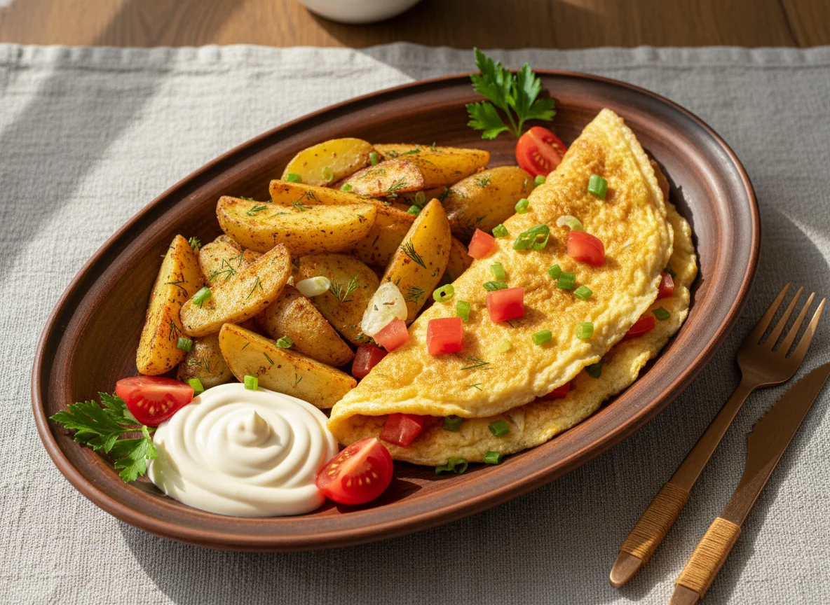 Завтрак с омлетом, картофелем и соусом photo