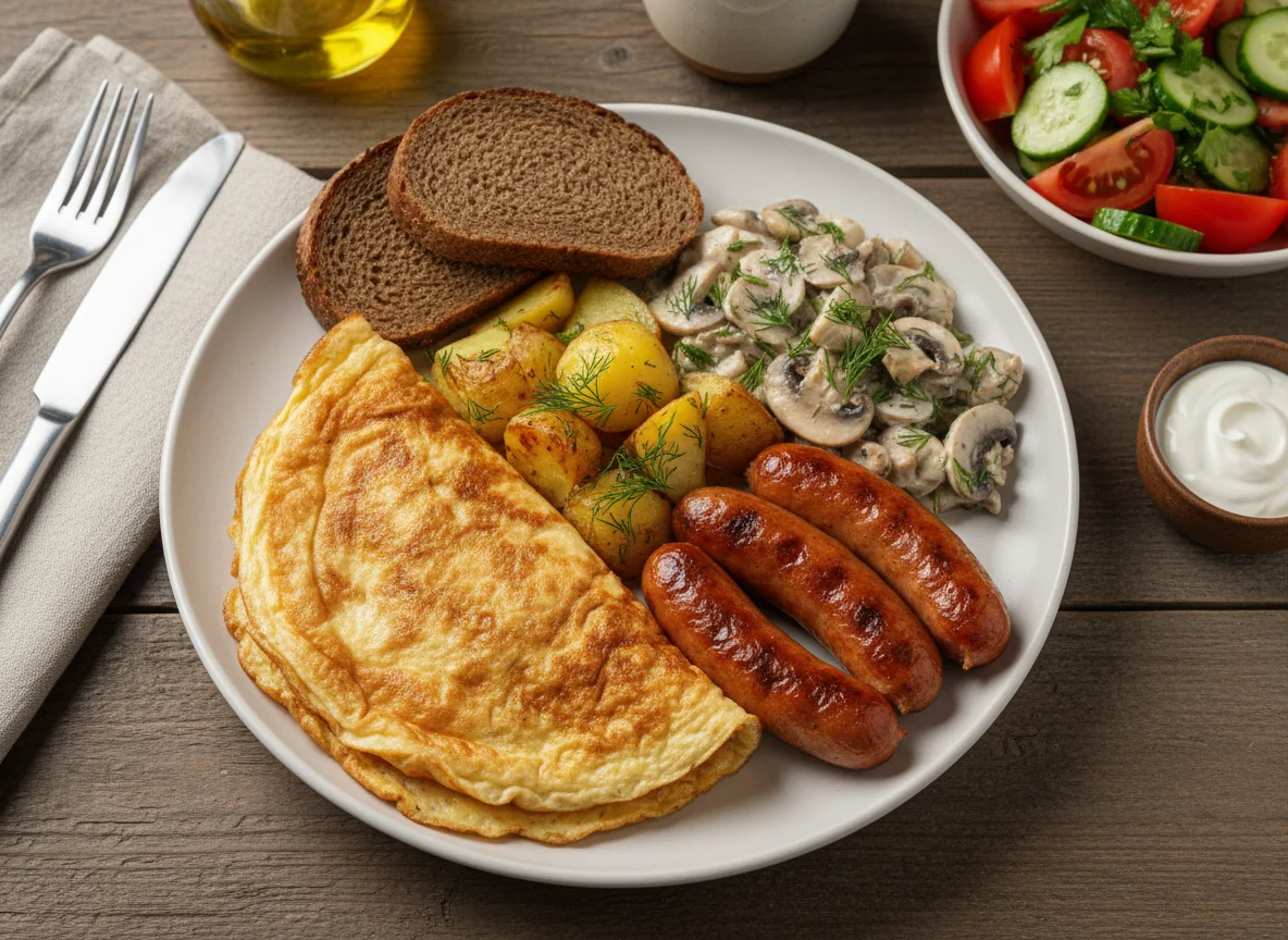 Завтрак с омлетом, колбасками и гарниром photo