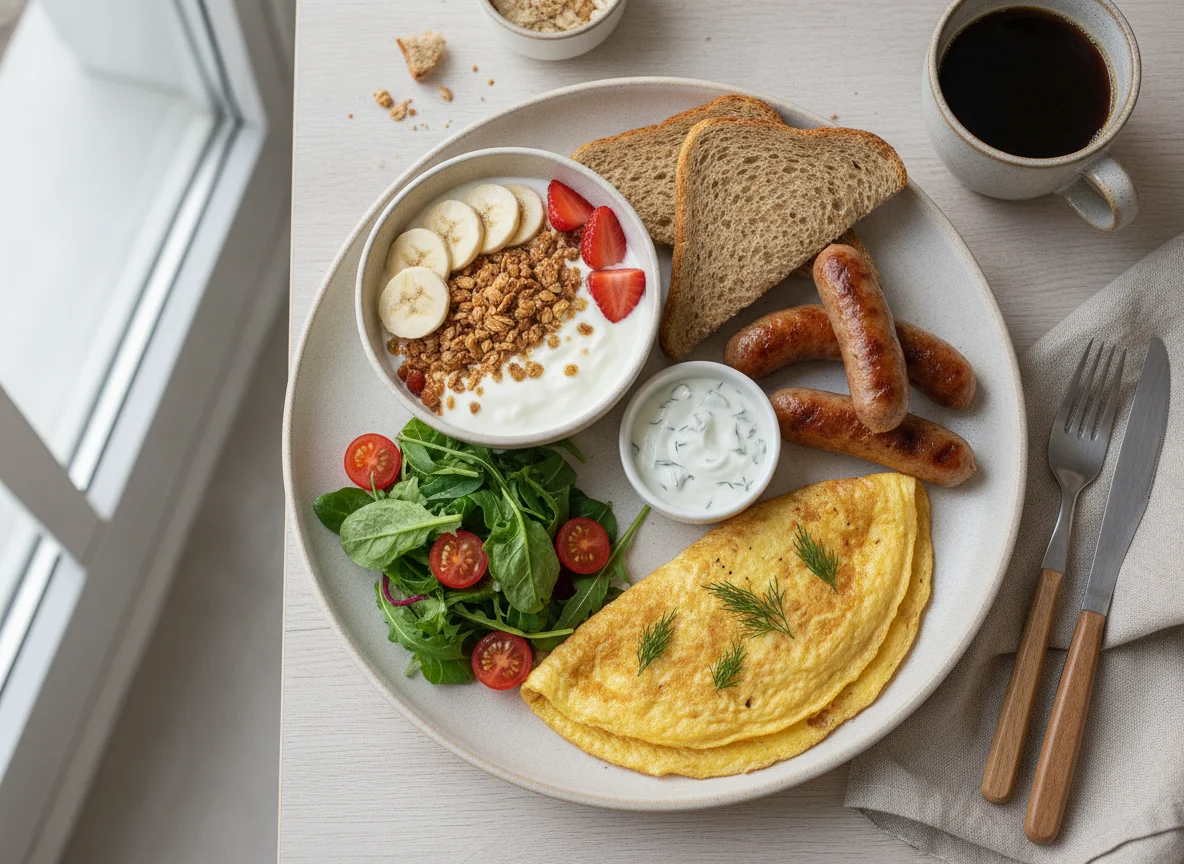 Завтрак с омлетом, колбасками, йогуртом и тостами photo