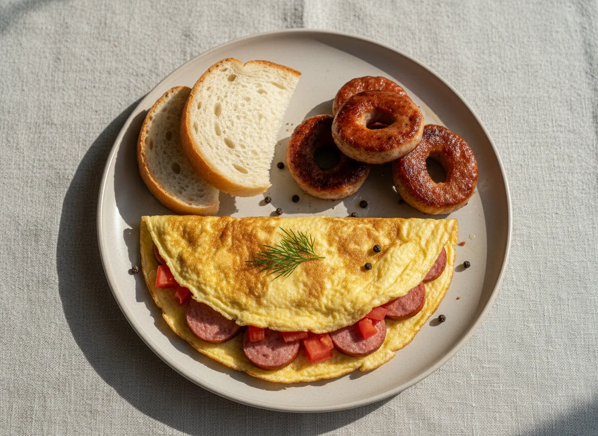 Завтрак с омлетом, колбасой и хлебом photo