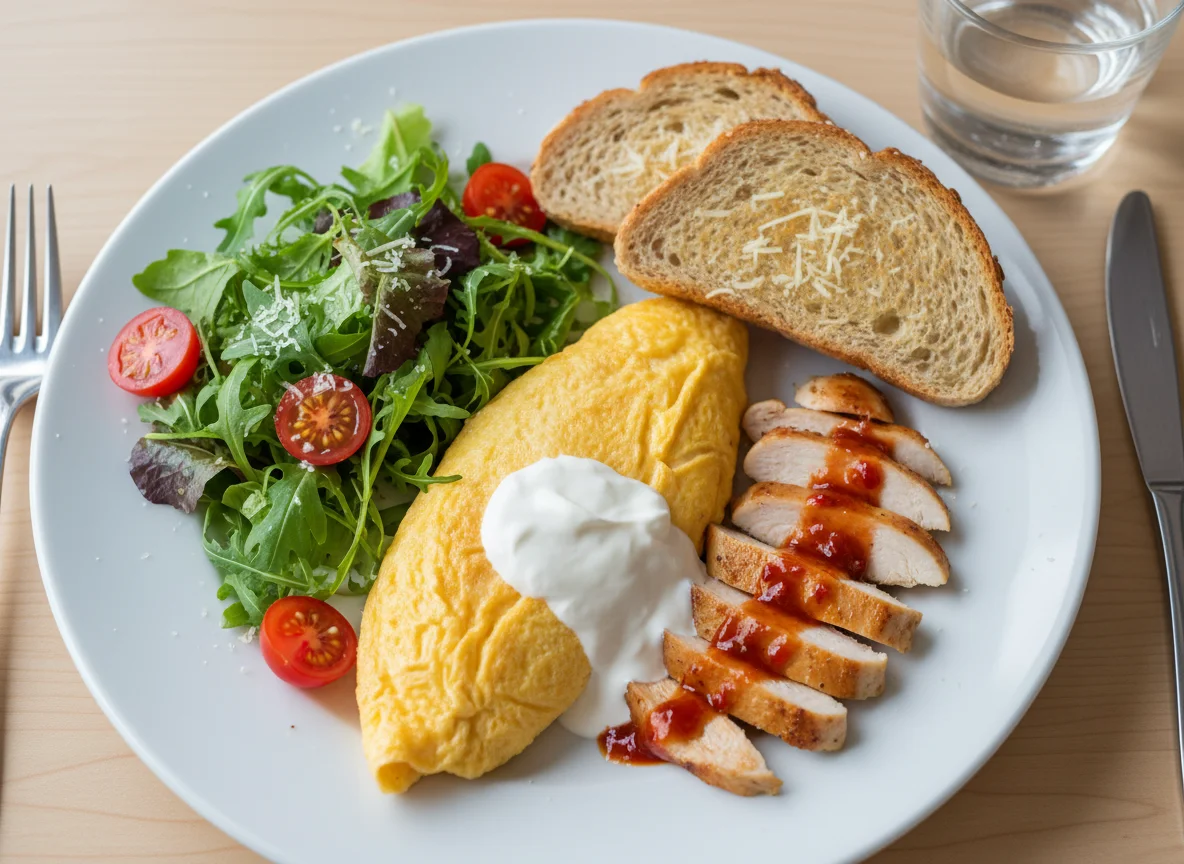 Завтрак с омлетом, курицей и салатом photo