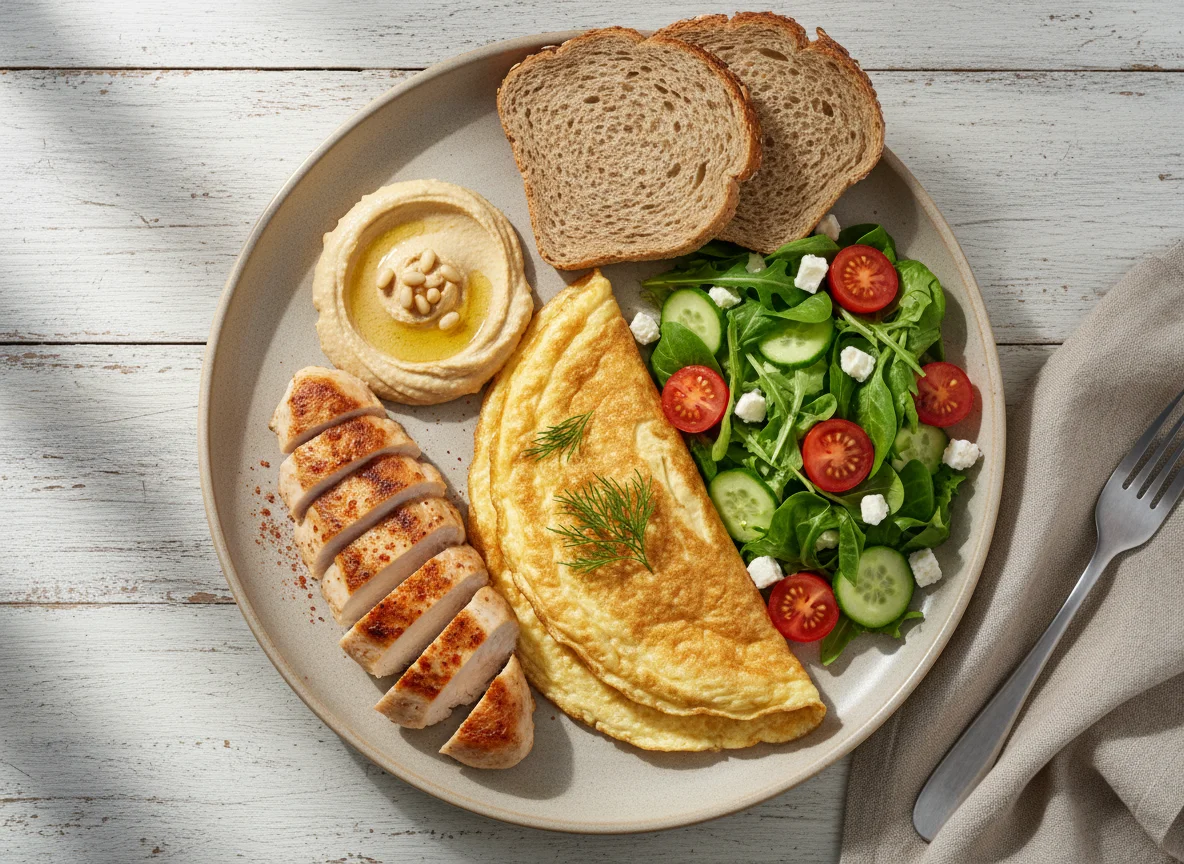 Завтрак с омлетом, курицей, салатом и хлебом photo