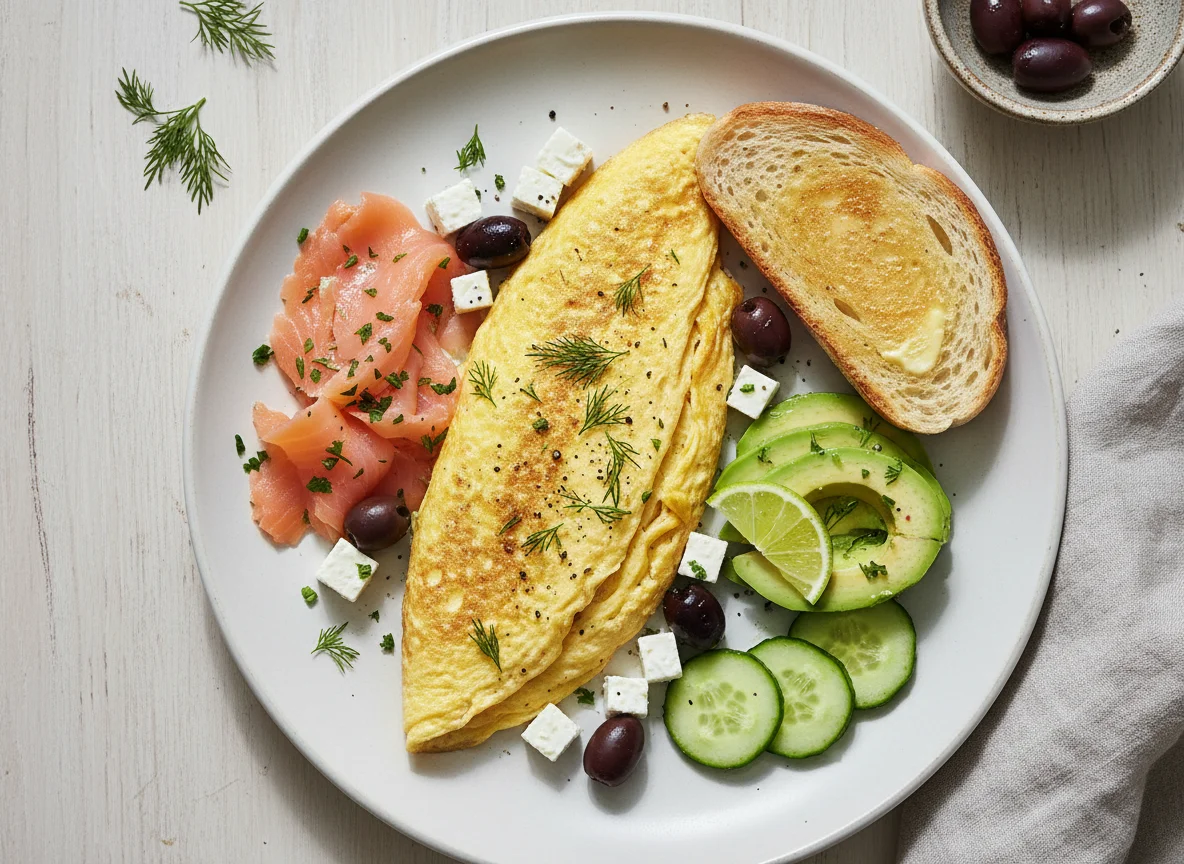 Завтрак с омлетом, лососем и авокадо photo