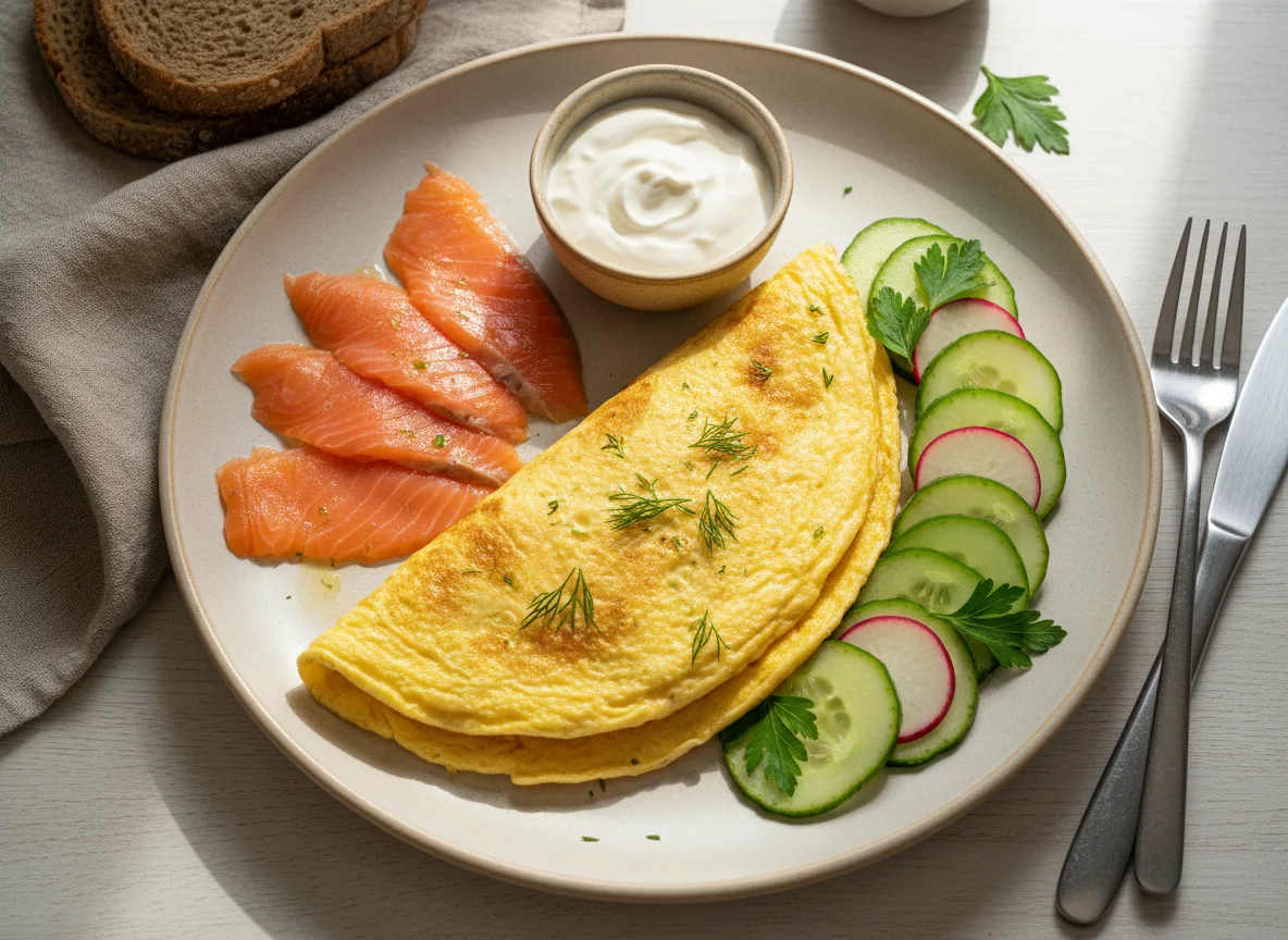 Завтрак с омлетом, лососем и огурцами photo