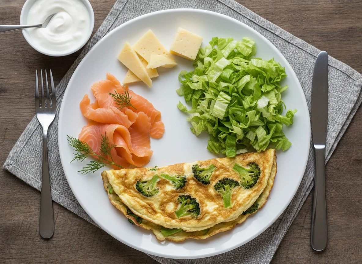 Завтрак с омлетом, лососем и овощами photo