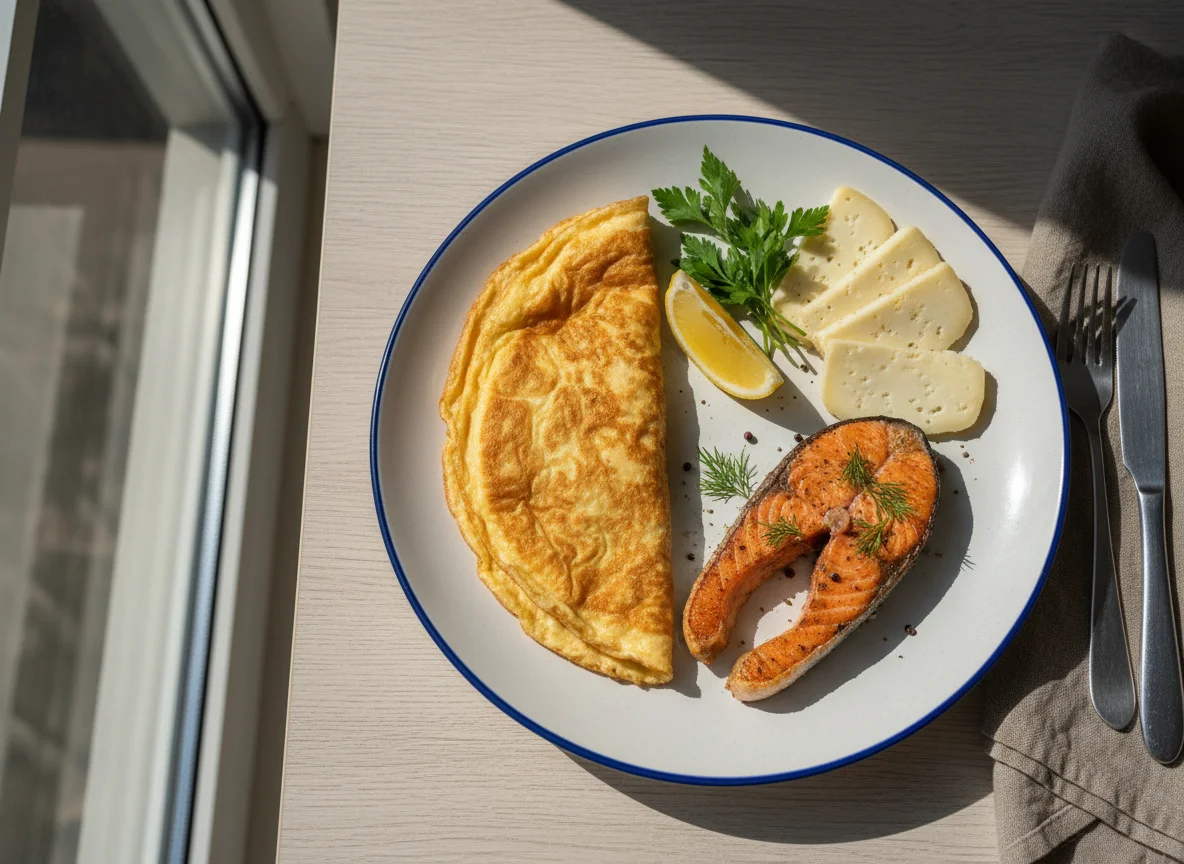 Завтрак с омлетом, лососем и сыром photo