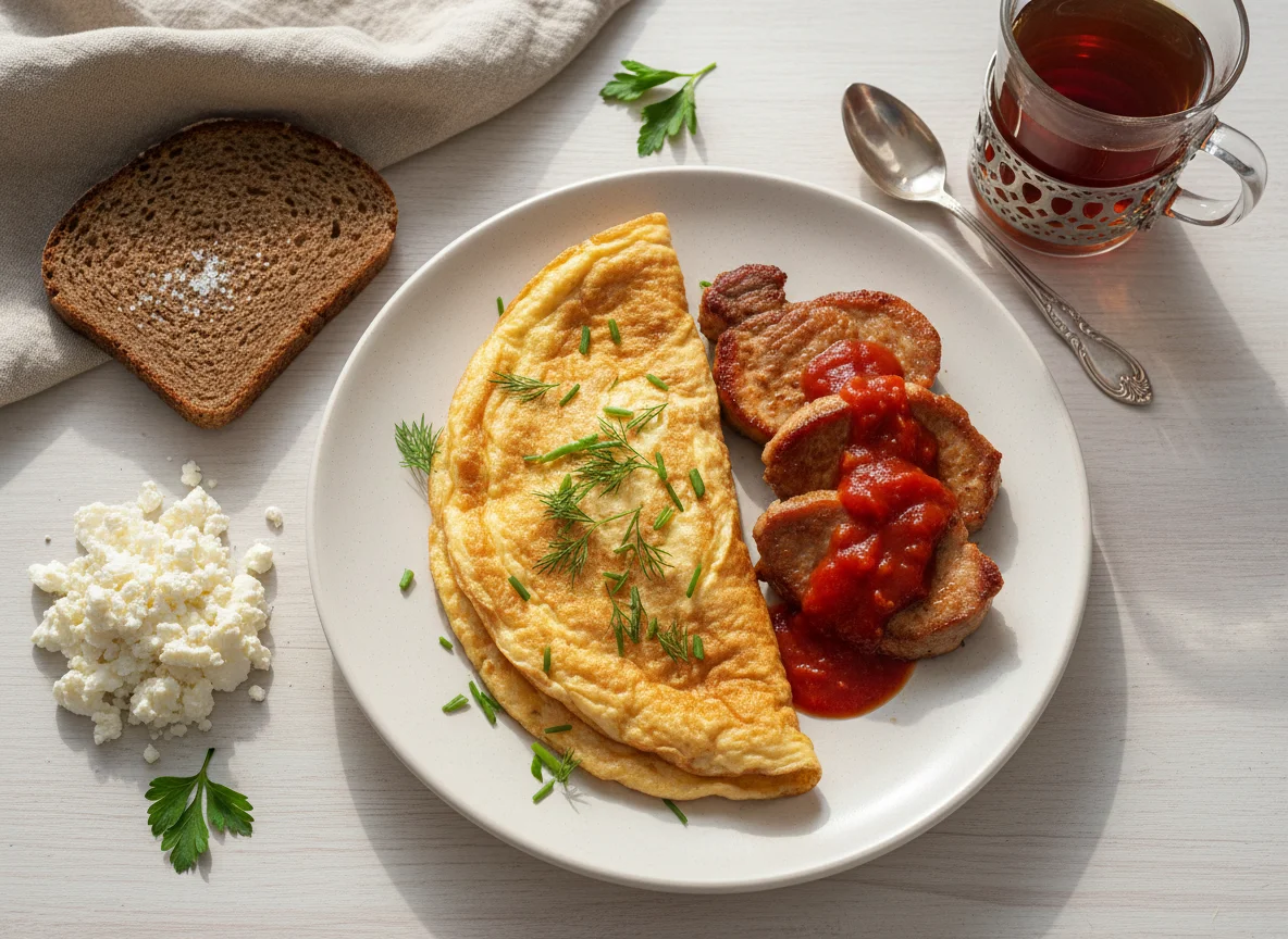 Завтрак с омлетом, мясом, хлебом и творогом photo