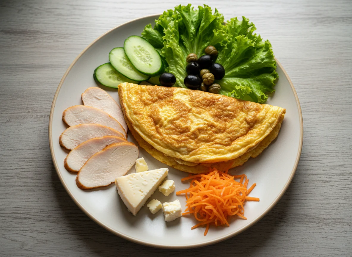 Завтрак с омлетом, мясом, сыром и салатом photo