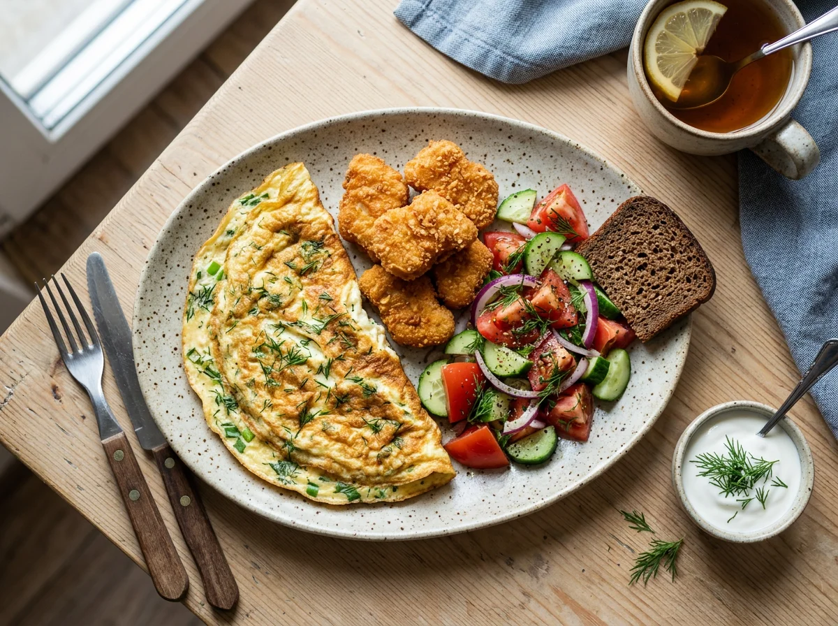 Завтрак с омлетом, наггетсами и овощным салатом photo