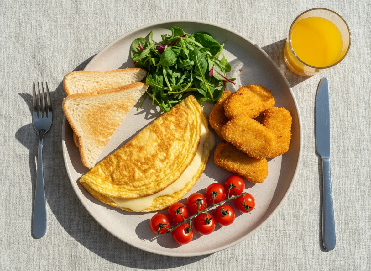 Завтрак с омлетом, наггетсами и тостами photo