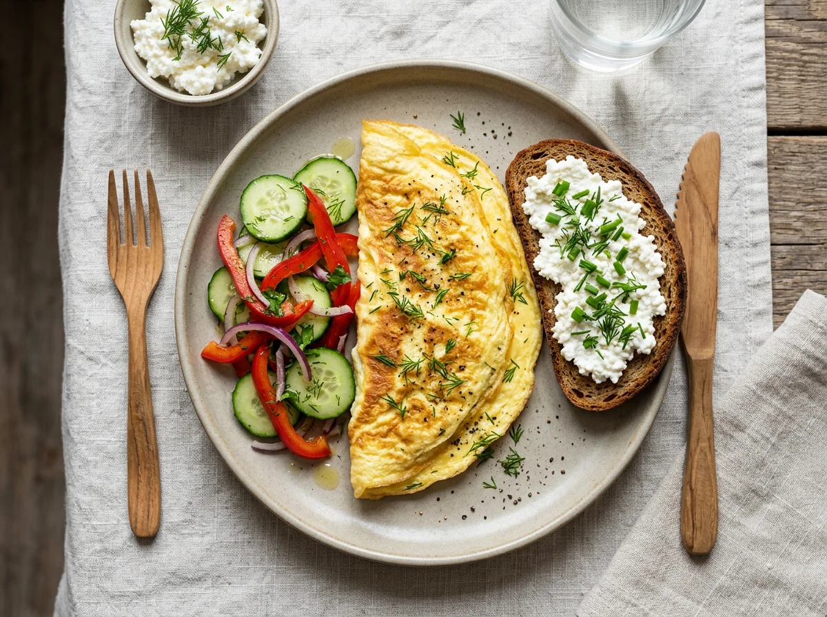Завтрак с омлетом, овощами и тостом с творогом photo
