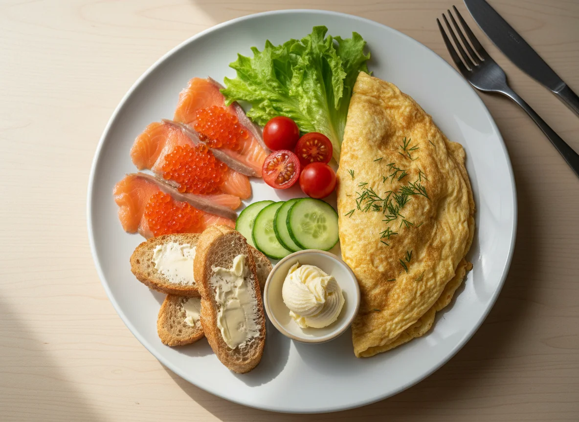 Завтрак с омлетом, рыбой и икрой photo