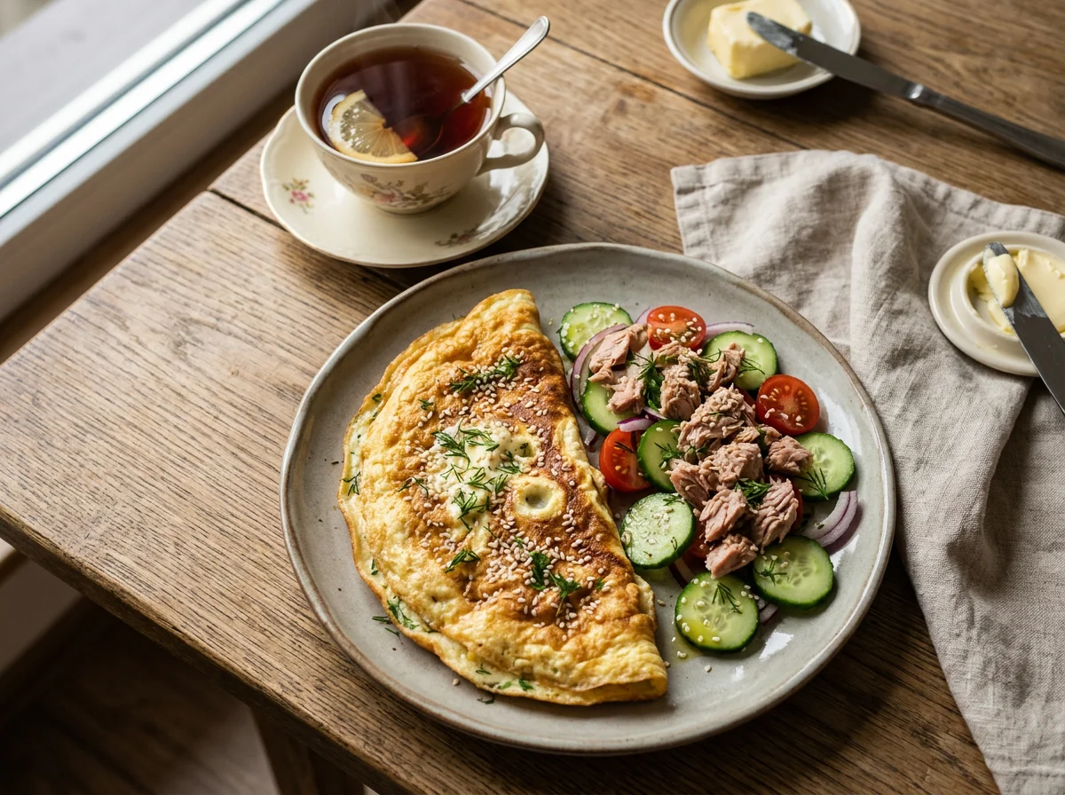 Завтрак с омлетом, салатом и чаем photo