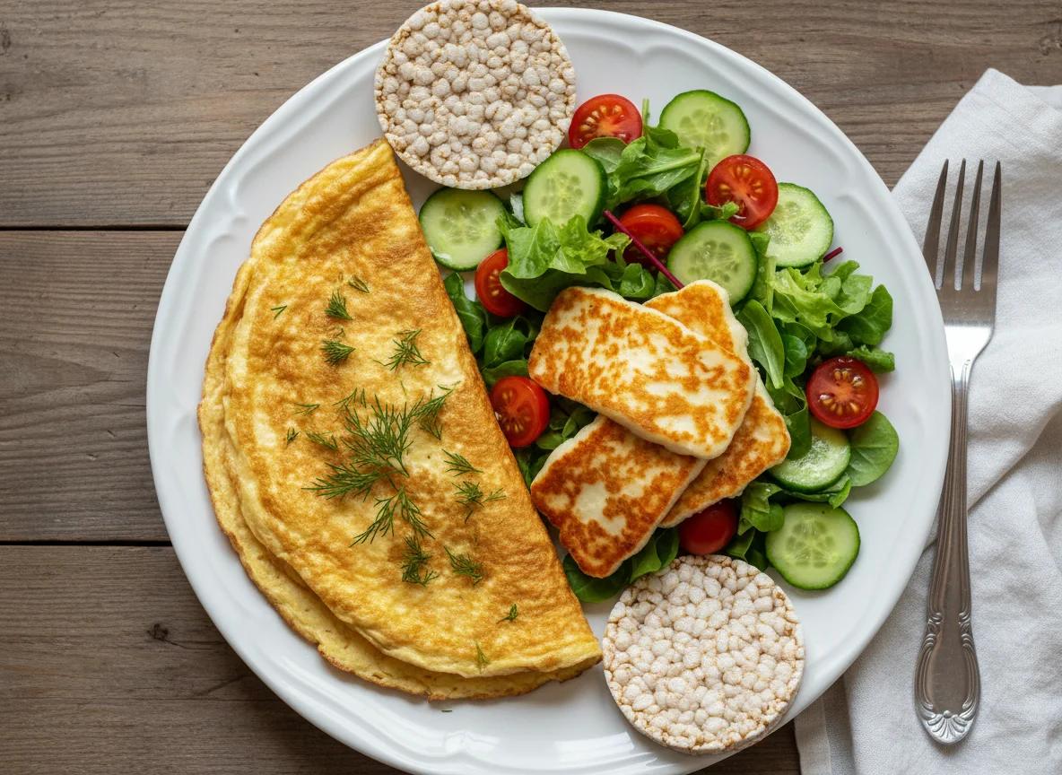 Завтрак с омлетом, салатом и хлебцами photo