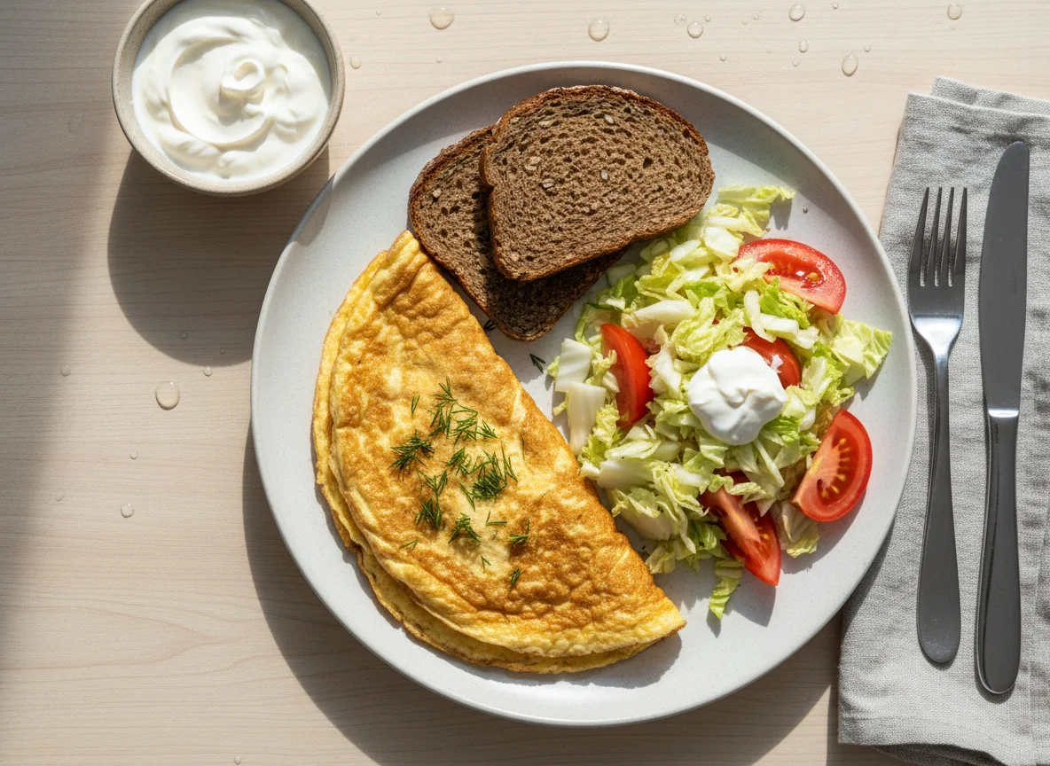 Завтрак с омлетом, салатом и хлебом photo