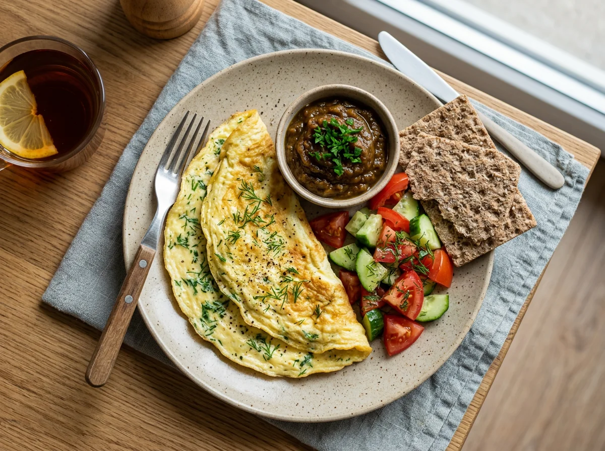 Завтрак с омлетом, салатом и кабачковой икрой photo