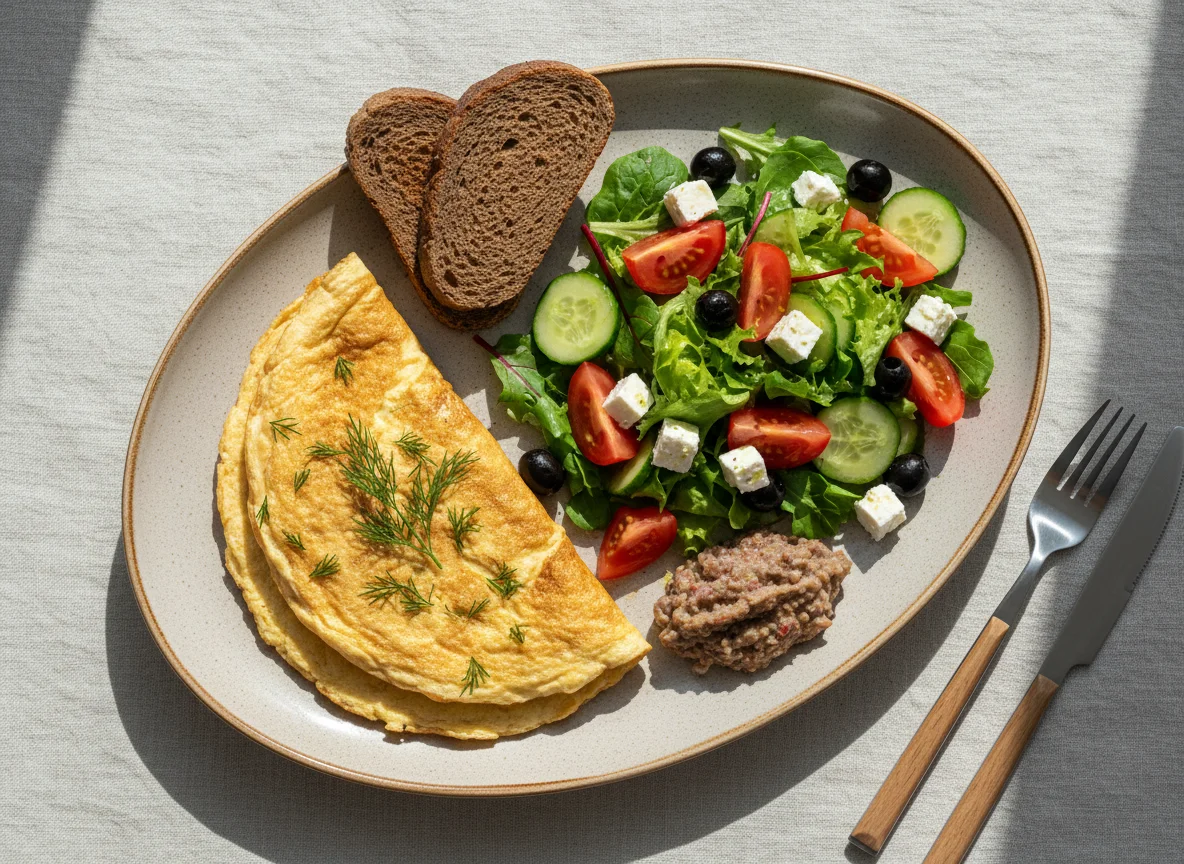 Завтрак с омлетом, салатом и тостом photo