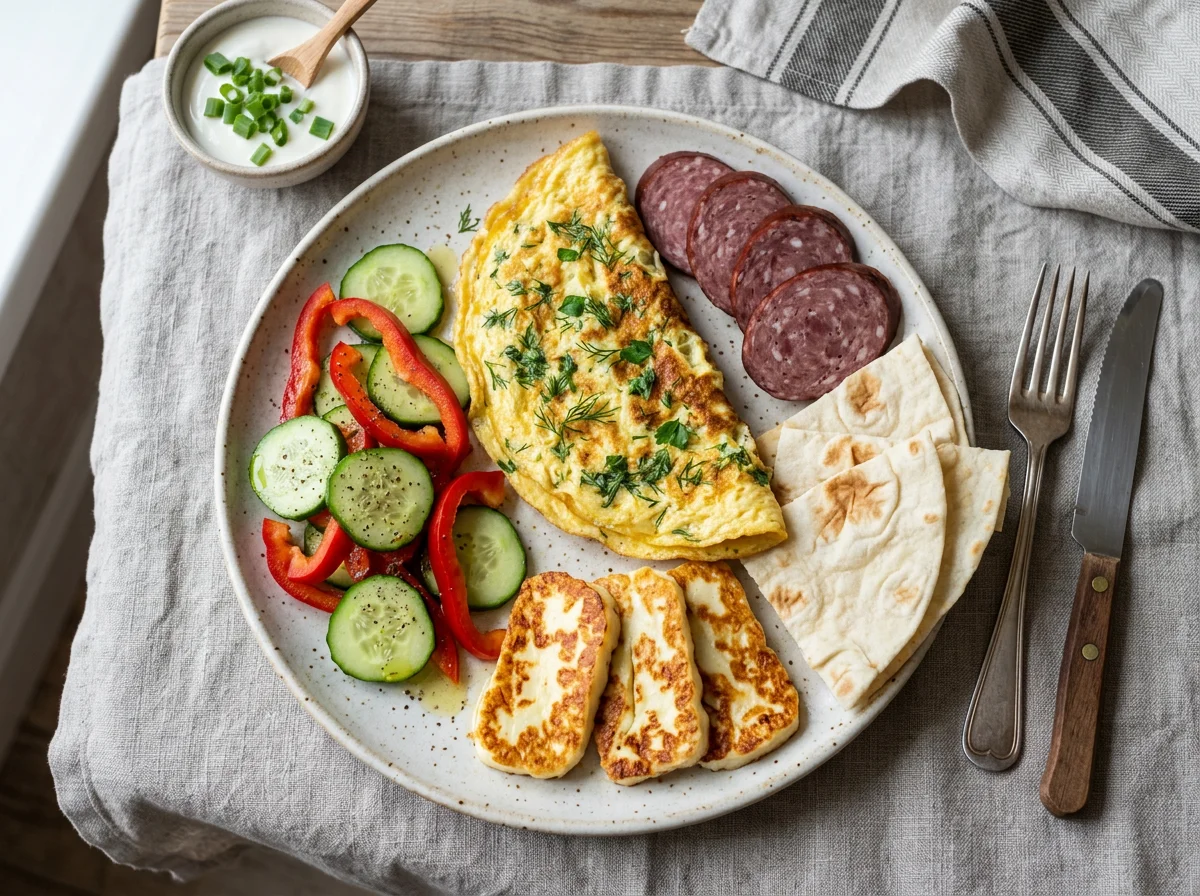 Завтрак с омлетом, салатом и закусками photo