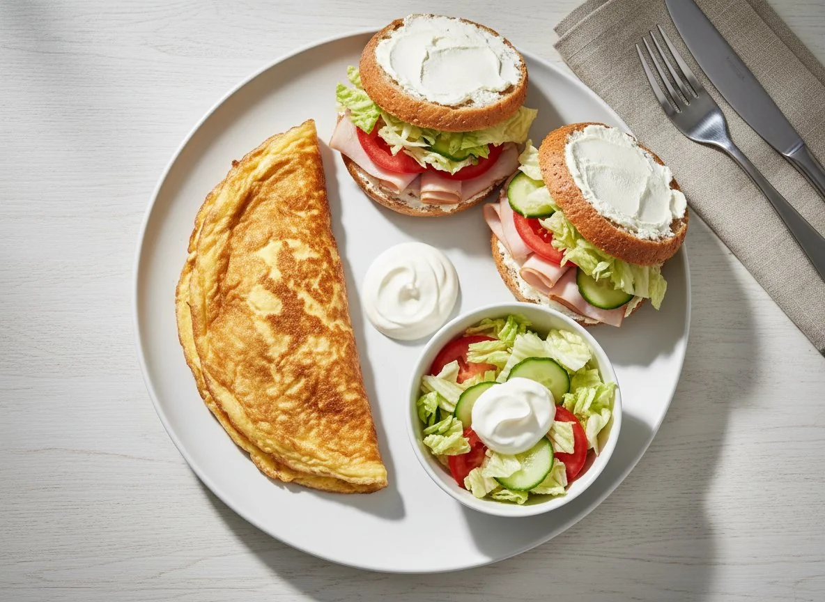 Завтрак с омлетом, сэндвичами с индейкой и овощным салатом photo