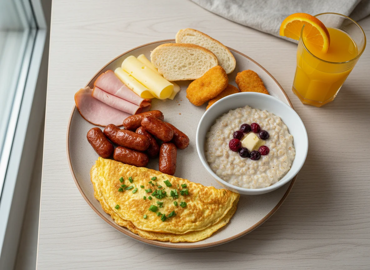 Завтрак с омлетом, сосисками и кашей photo