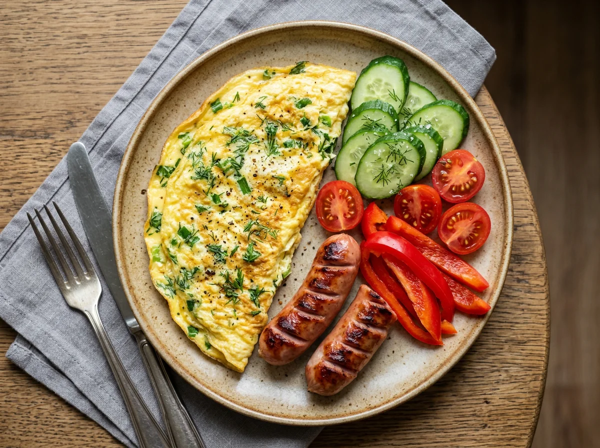 Завтрак с омлетом, сосисками и овощами photo