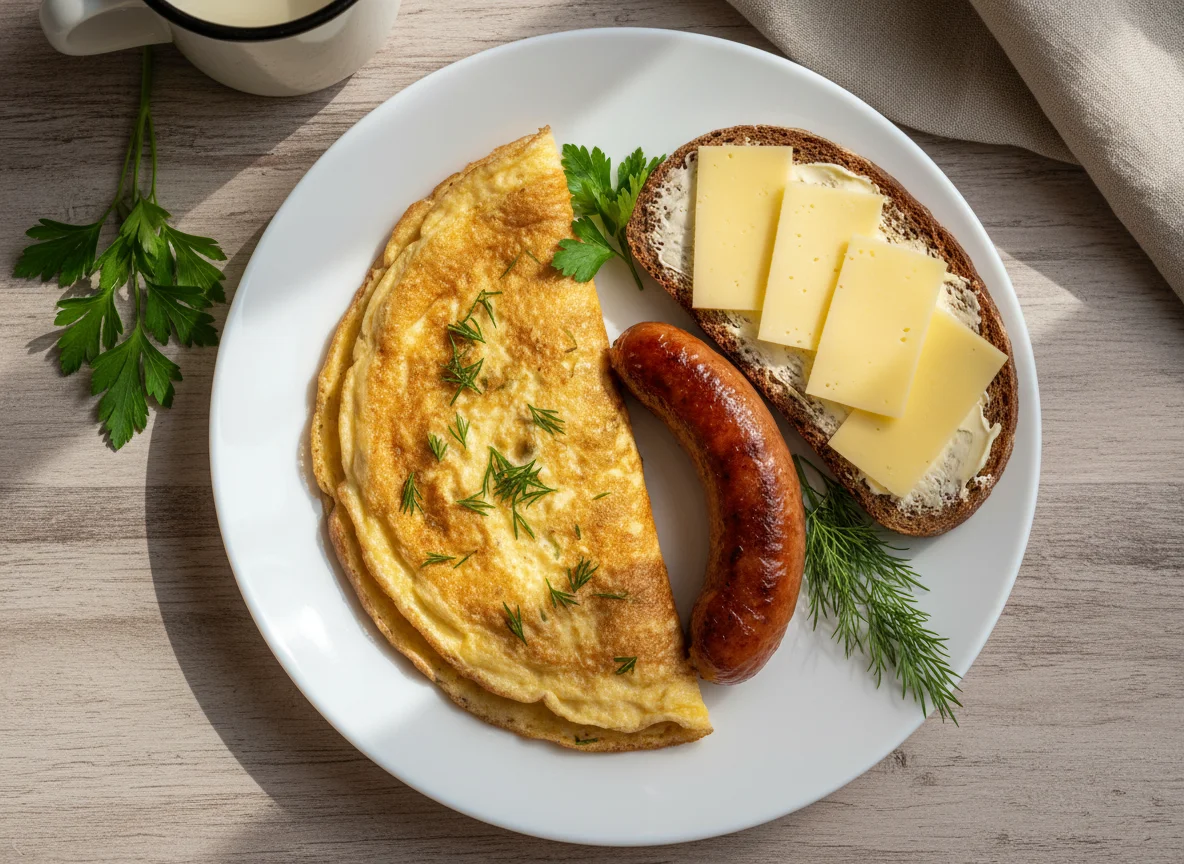 Завтрак с омлетом, сосиской и бутербродом photo