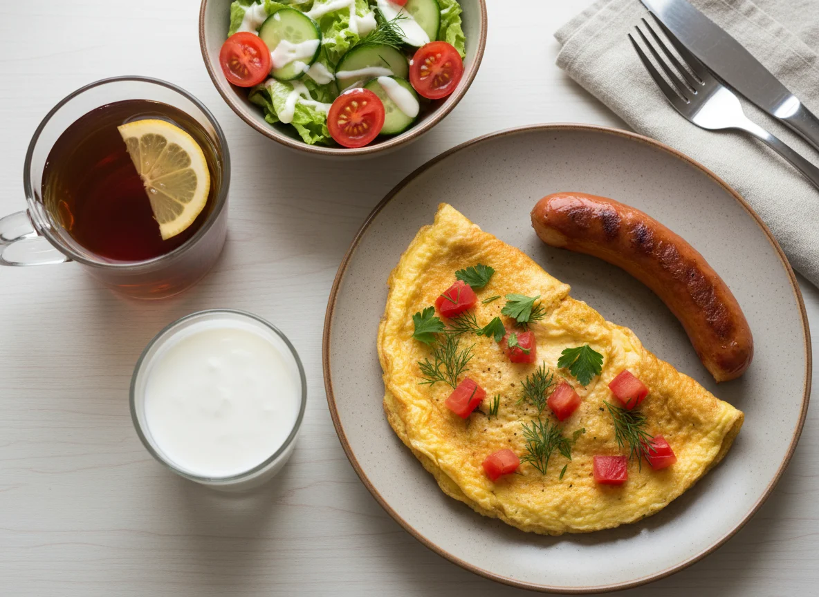 Завтрак с омлетом, сосиской и салатом photo