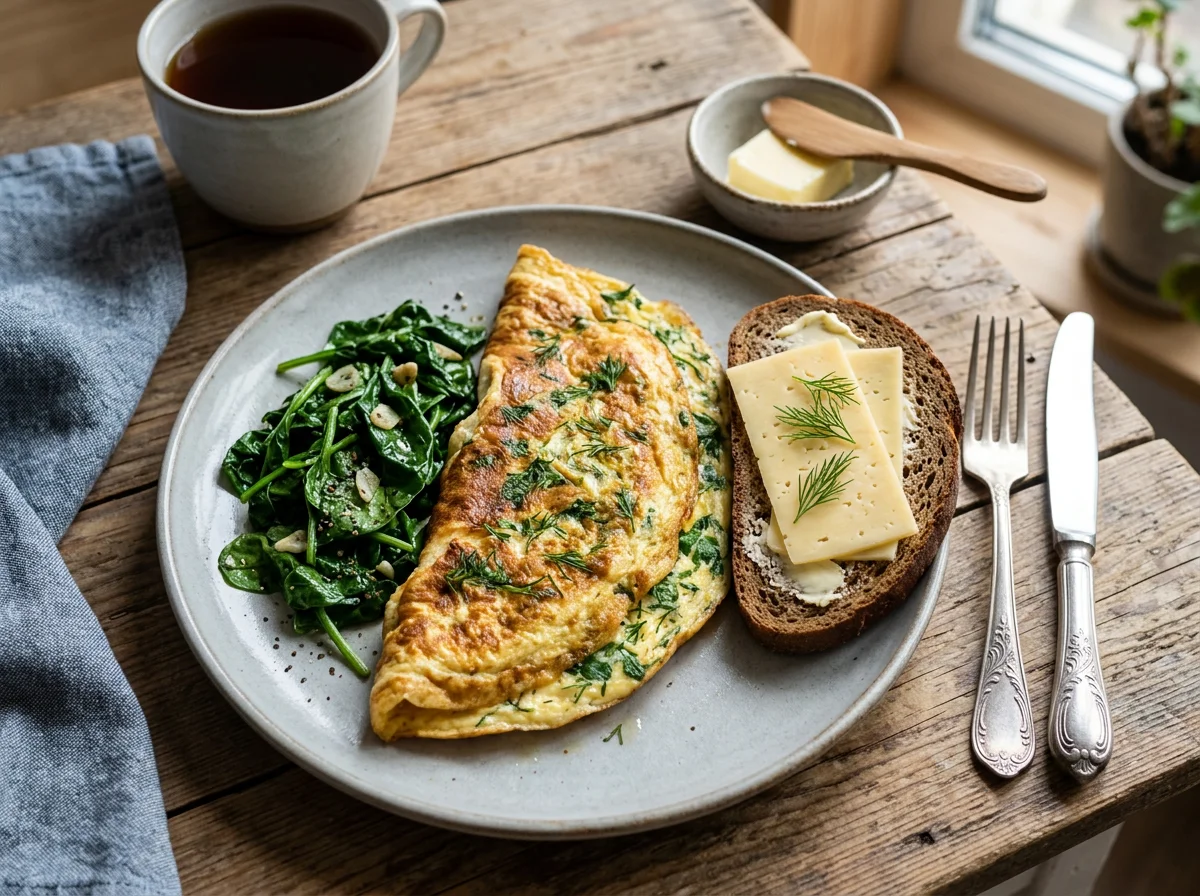 Завтрак с омлетом, шпинатом и бутербродом с сыром photo