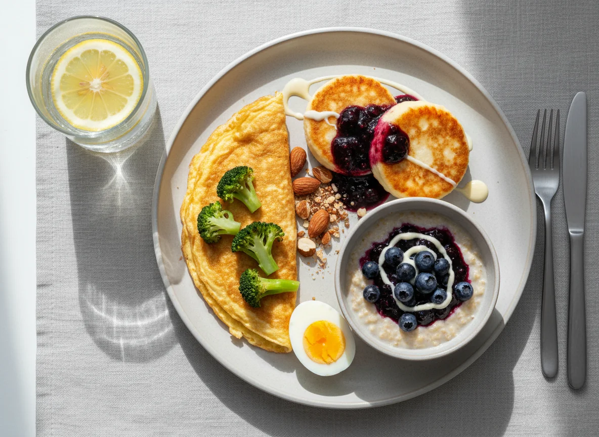 Завтрак с омлетом, сырниками и орехами photo