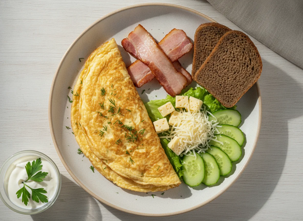 Завтрак с омлетом, сыром и беконом photo