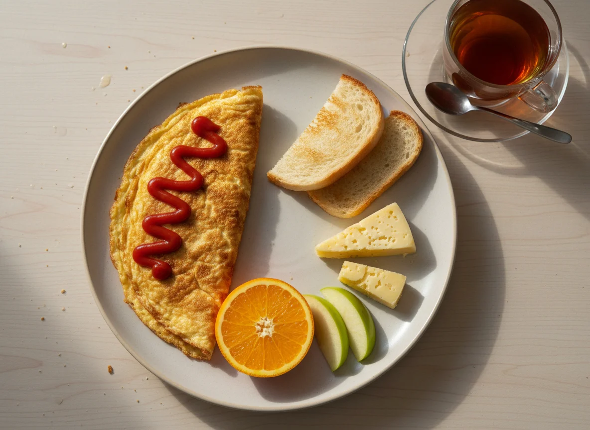 Завтрак с омлетом, сыром и фруктами photo