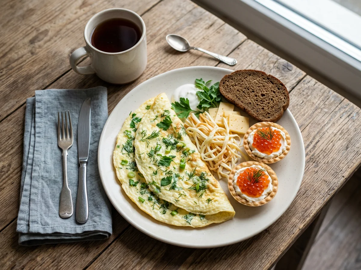 Завтрак с омлетом, сыром и икрой photo