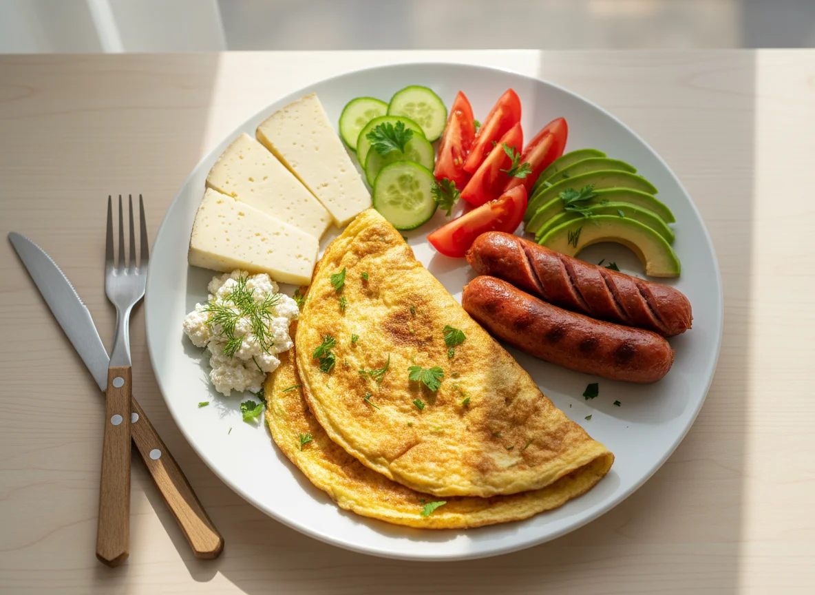 Завтрак с омлетом, сыром, сосисками и овощами photo