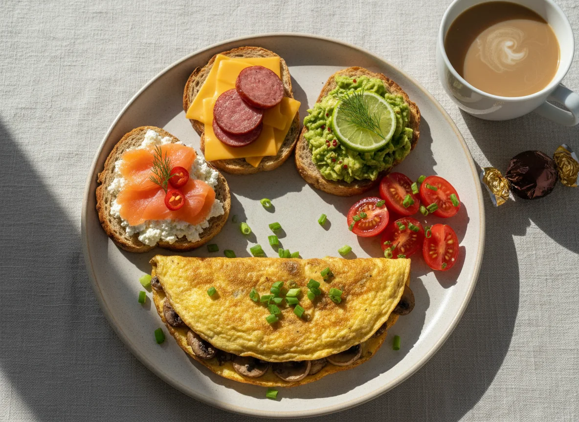 Завтрак с омлетом, тостами и кофе photo