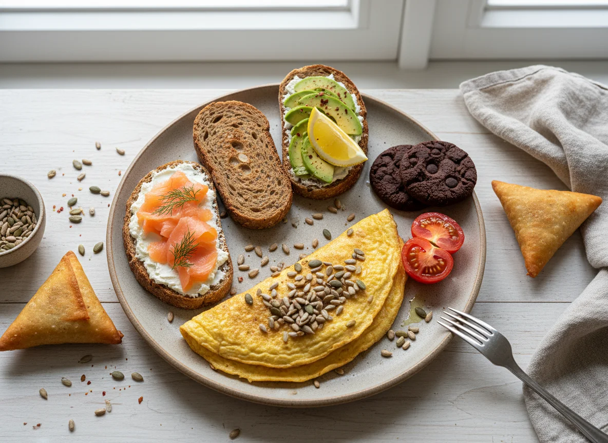 Завтрак с омлетом, тостами и закусками photo