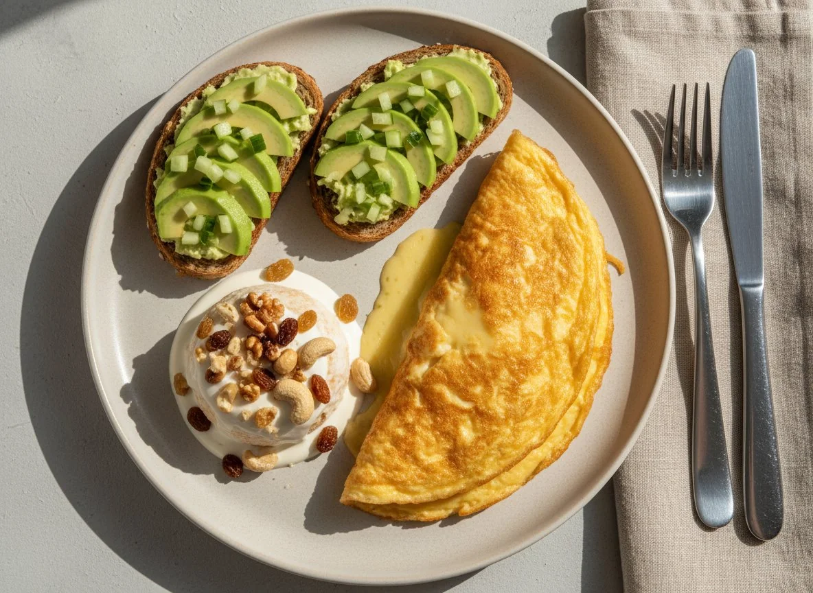 Завтрак с омлетом, тостами с авокадо и десертом photo