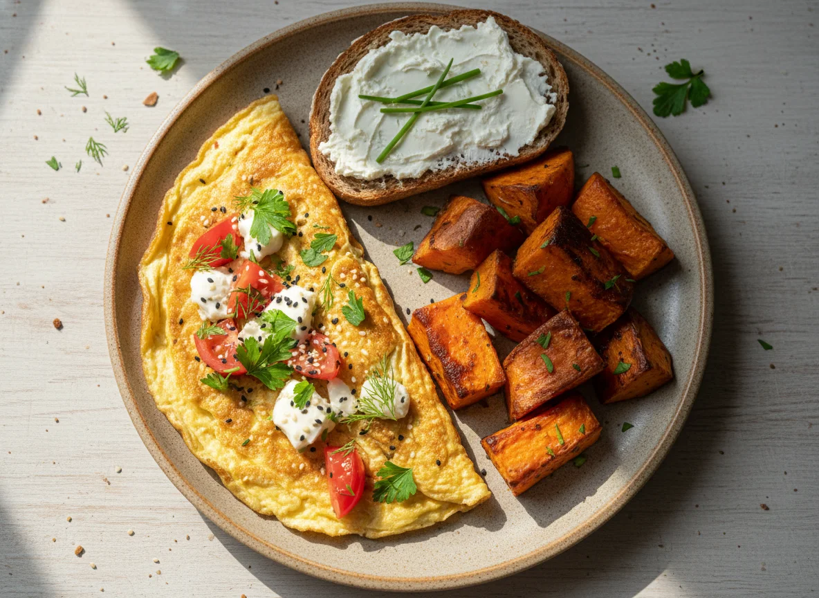 Завтрак с омлетом, тостом и бататом photo