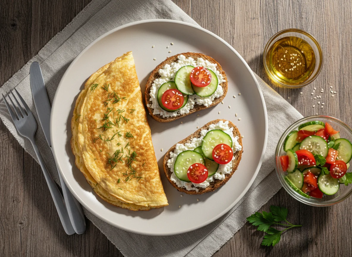 Завтрак с омлетом, тостом и овощным салатом photo