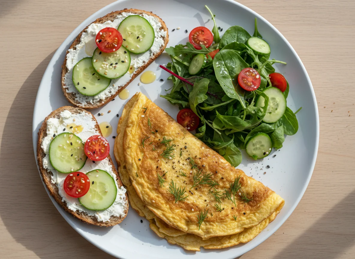 Завтрак с омлетом, тостом и салатом photo