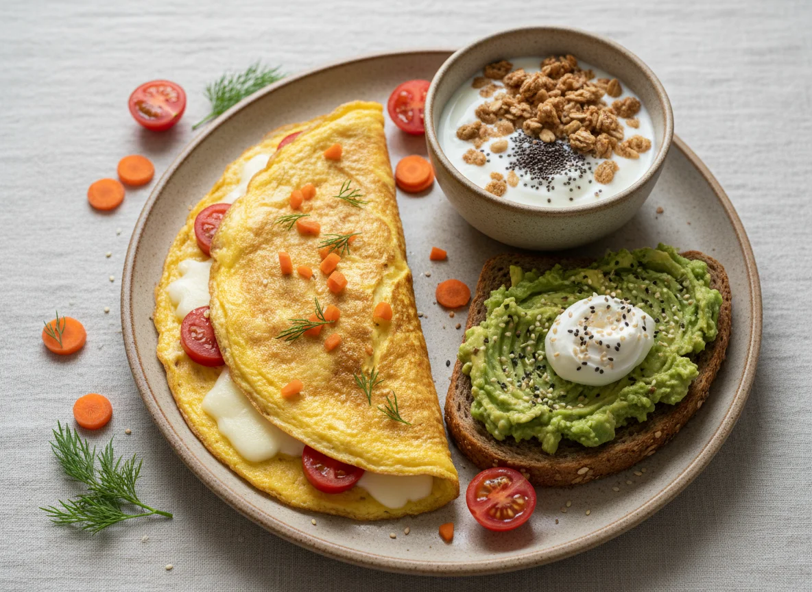 Завтрак с омлетом, тостом с авокадо и йогуртом photo