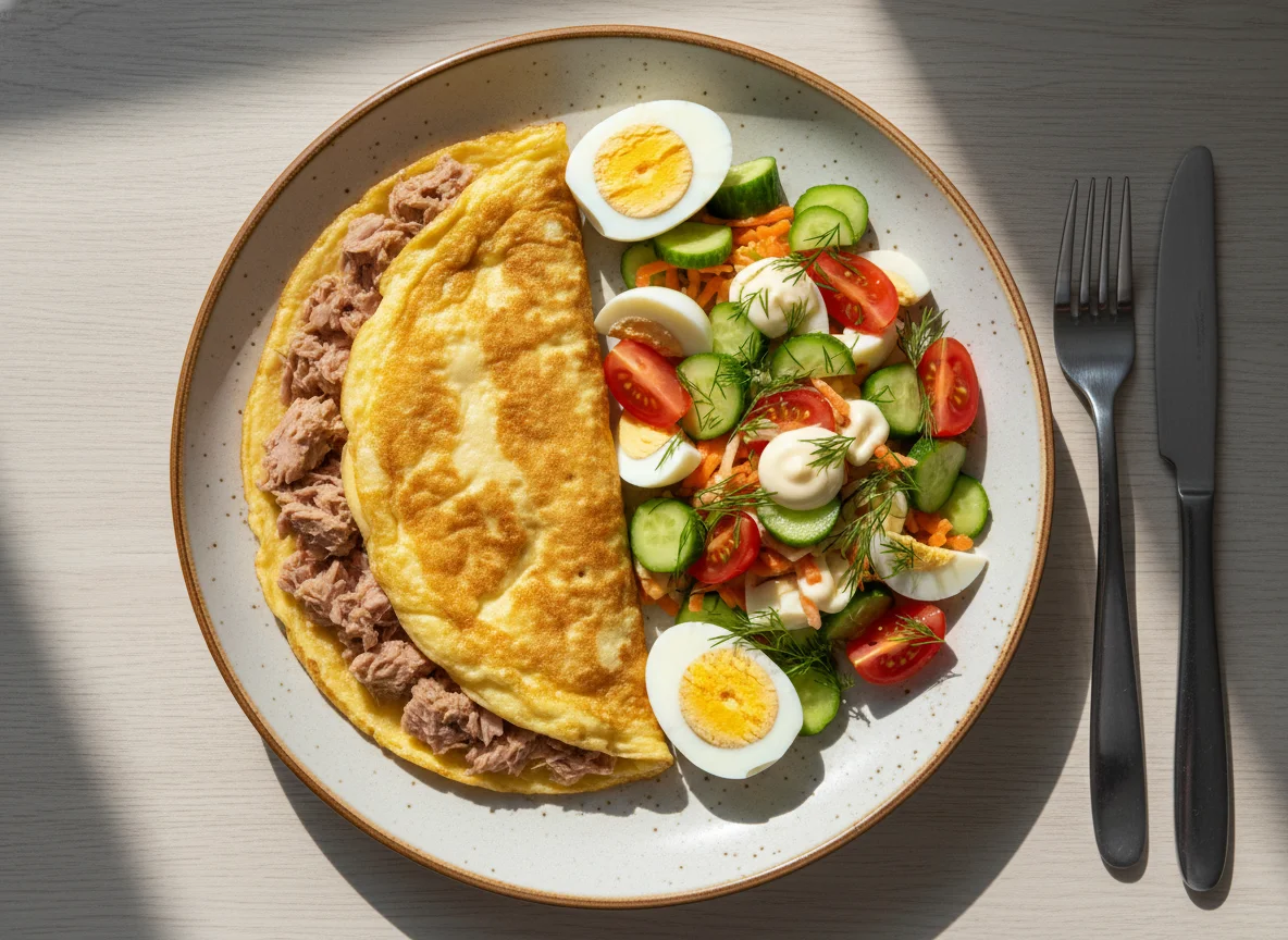 Завтрак с омлетом, тунцом и овощным салатом photo