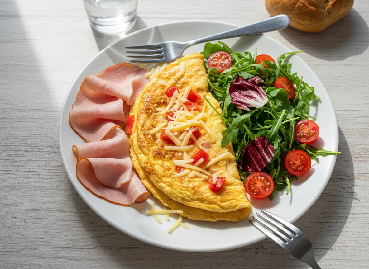 Завтрак с омлетом, ветчиной и салатом photo