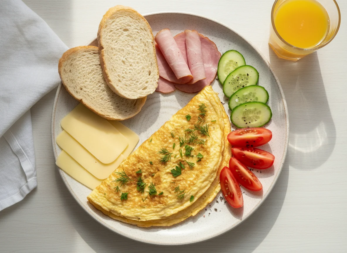 Завтрак с омлетом, ветчиной, сыром и овощами photo
