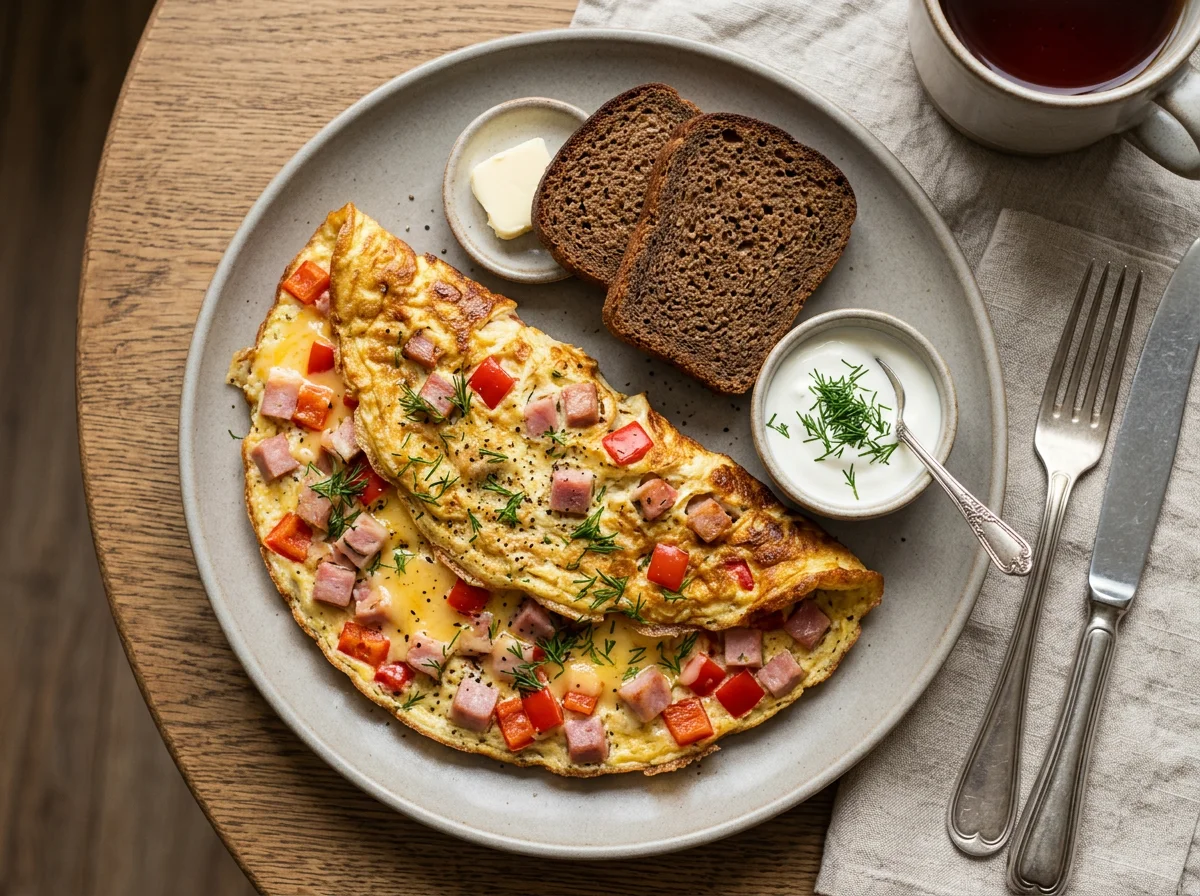 Завтрак с омлетом, ветчиной, сыром и перцем photo