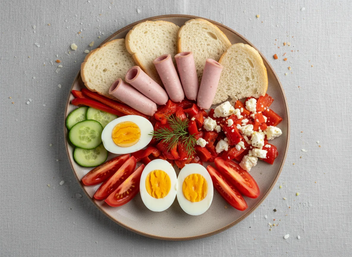 Завтрак с овощами и колбасой photo