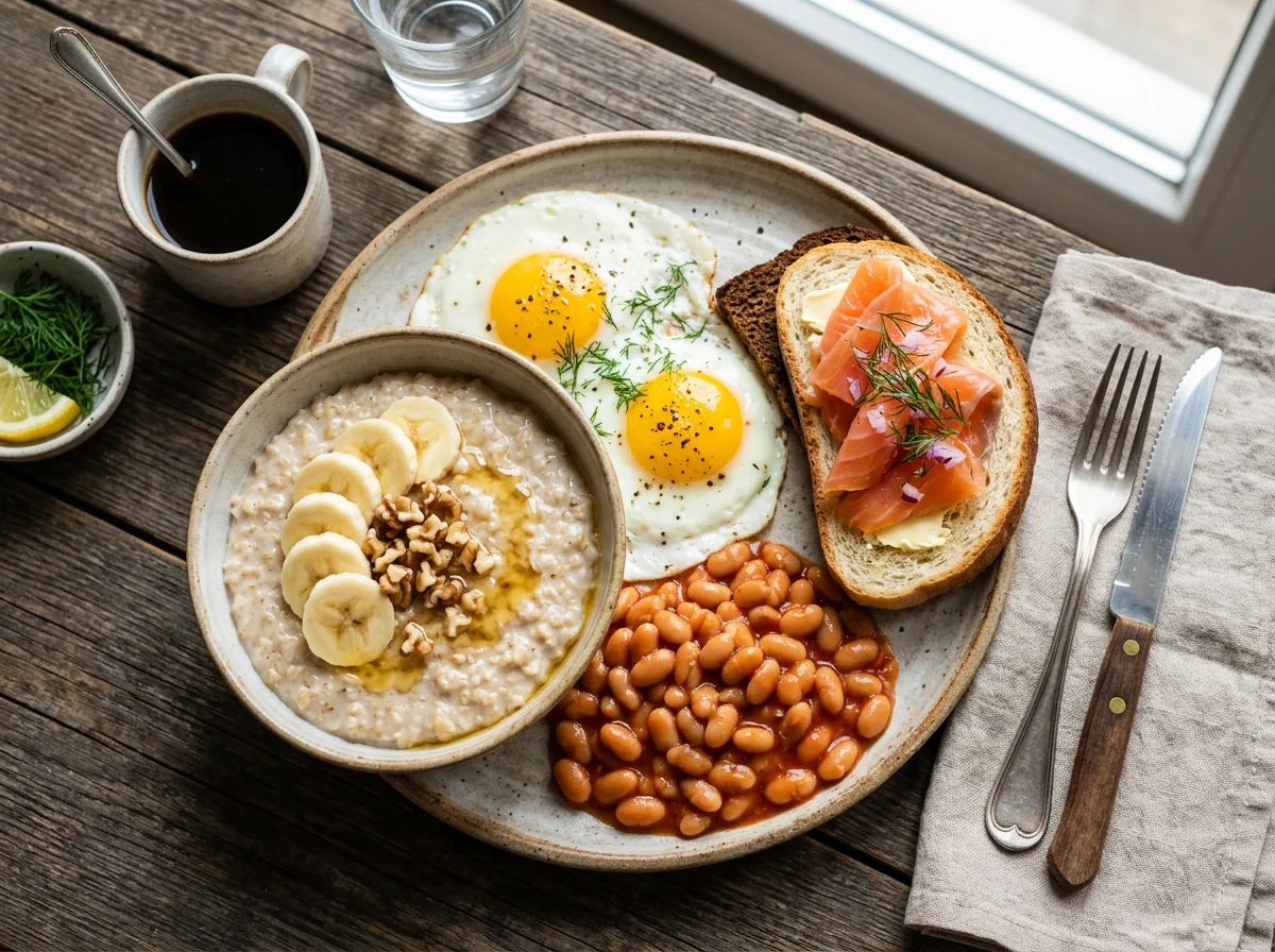 Завтрак с овсянкой, яичницей и бутербродом с лососем photo