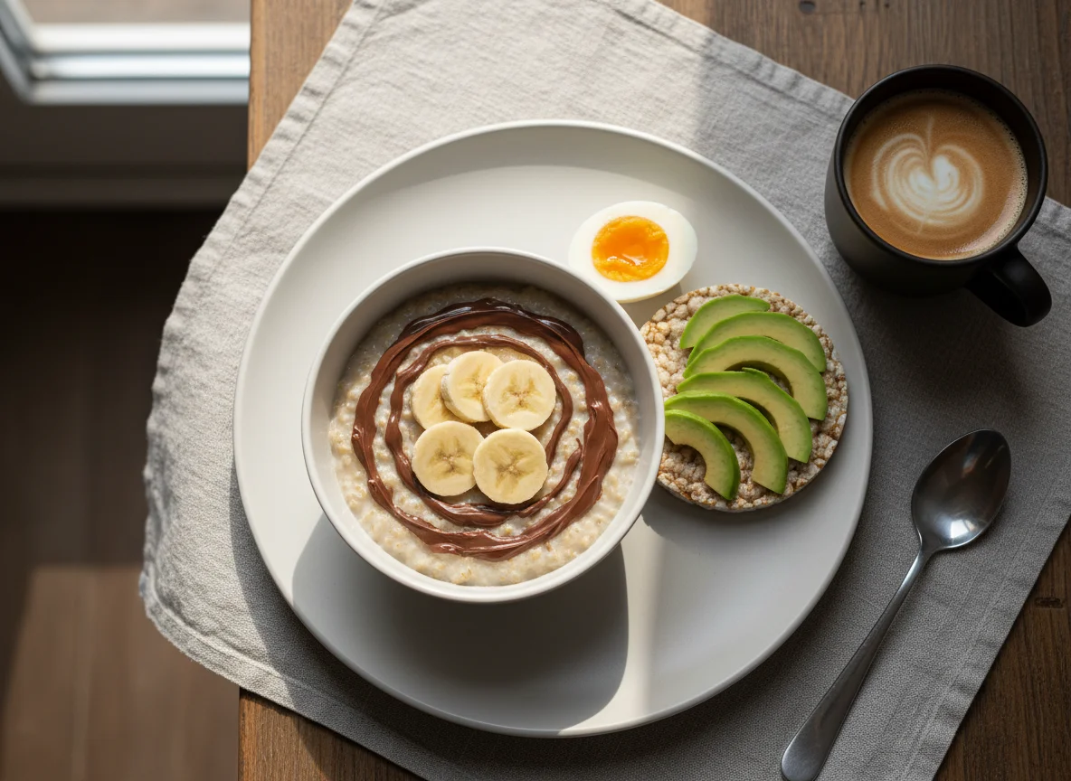 Завтрак с овсянкой, яйцами и авокадо photo